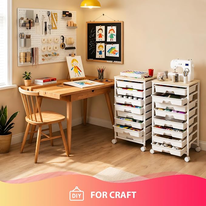 Goovilla Rolling Cart with Drawers, Utility Cart Organizer With 8 Removable Drawers and Wooden Tabletop, Lockable Rolling Storage Organizer for Art, Classroom, Home, Dorm, Office, Craft Storage, White