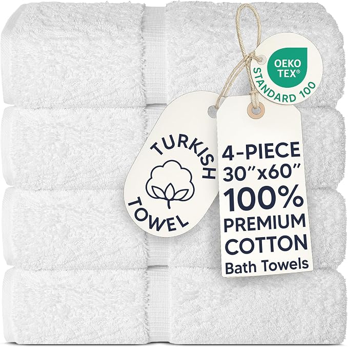 Chakir Turkish Linens 100% Cotton Premium Turkish Towels for Bathroom | 30'' x 60'' Large Bath Towels (4 Piece, White)