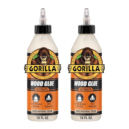 Gorilla Ultimate Waterproof Wood Glue, Natural Wood Color, 18 Ounce (Pack of 2) - Waterproof for Indoor or Outdoor Projects and Repairs