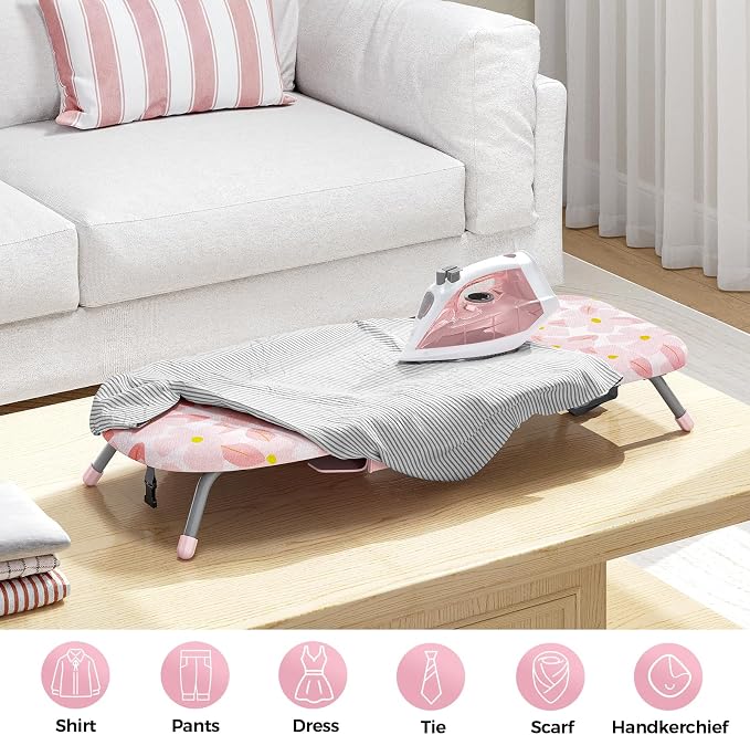APEXCHASER Small Ironing Board with Iron Holder, Compact Iron Board with Non-Slip Feet, Portable Tabletop Ironing Board with Cotton Cover for Small Spaces and Travel, Pink