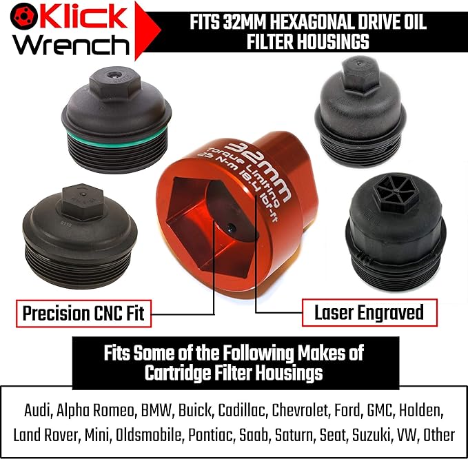 32mm Hex Socket 2 Stage Torque Limiting Oil Filter Wrench Red 6061-T6 Billet Aluminum