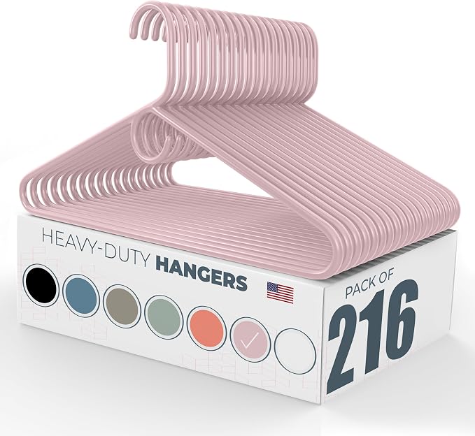 Heavy Duty Clothes Hangers 100+ Pack (216 Count) – Made in the USA – 8lb Capacity Plastic Hangers for Adult Clothing – Durable for Pants, Coats, Jackets, or Jeans – Pink