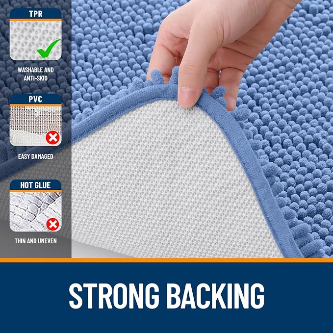 OLANLY Bathroom Runner Rugs 47x17, Soft Absorbent Chenille Bath Rugs, Rubber Backing Quick Dry, Machine Washable Long Bath Mats for Bathroom, Tub and Shower, Home Decor Accessories, Cornflower Blue