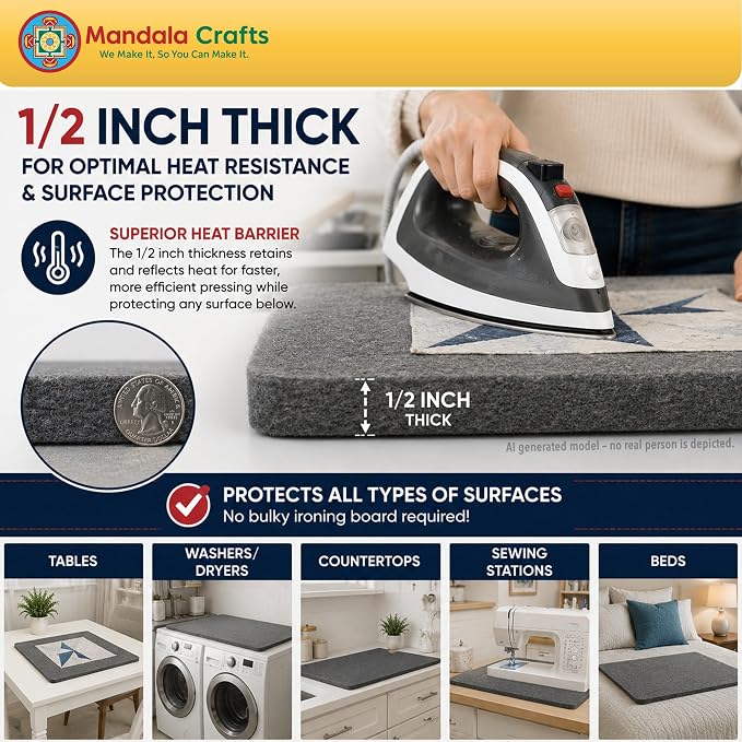 Mandala Crafts 17 × 24 Inch 100% New Zealand Wool Pressing Mat Ironing Pad | Portable, Thick, with Bag, Heat Resistant, Iron Board Alternative, for Sewing, Quilting, Embroidery, Any Surface