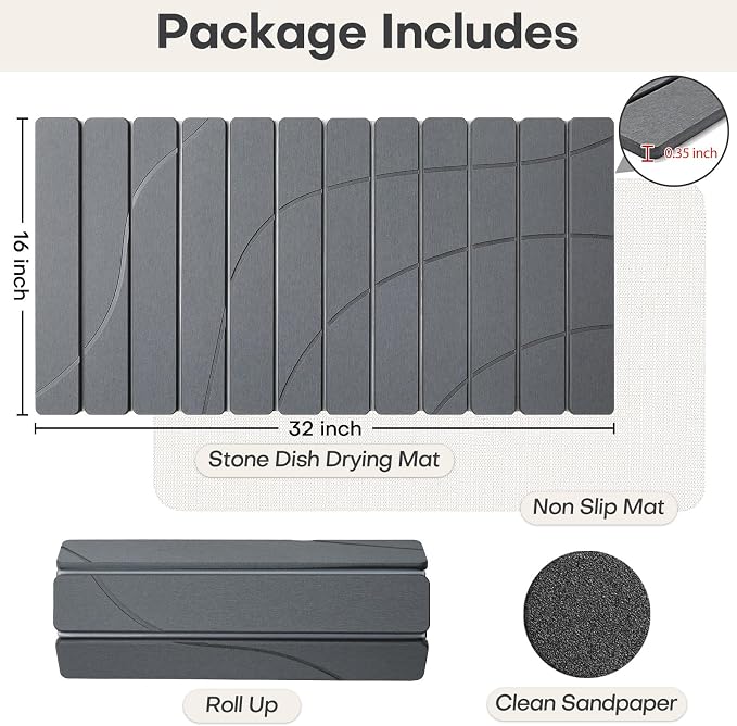 Extra Large Stone Dish Drying Mat for Kitchen Counter, Quick Dry Stone Dish Mats, Foldable Water Absorbing Diatomaceous Drying Pad for Countertop Bottles Utensils Bathroom (Flow Line Gray 32"x16")
