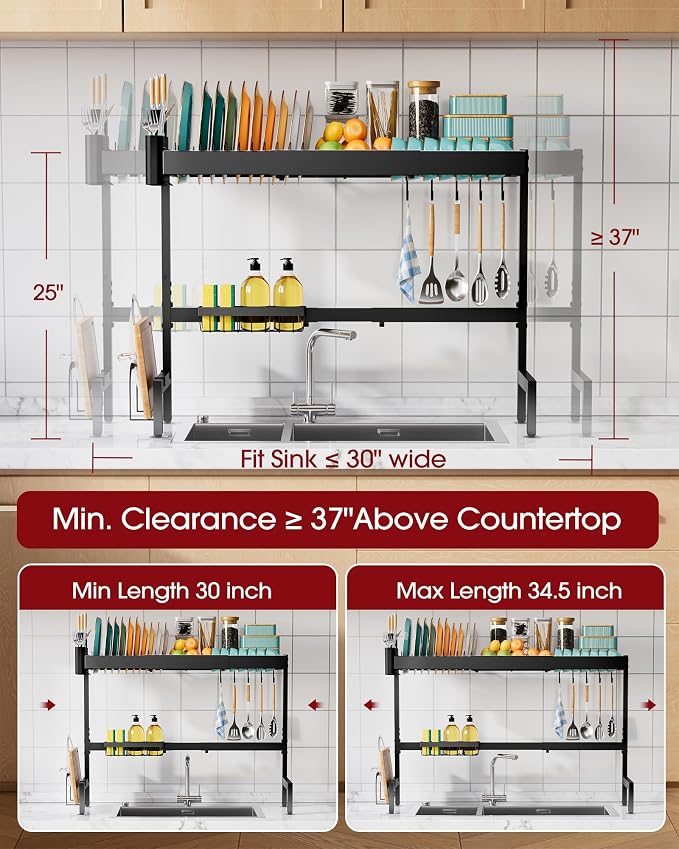 Sakugi 2-Tier Dish Drying Rack Over The Sink, Expandable for Counter | Rustproof Stainless Steel Kitchen Storage Accessories, Space-Saving 30"–34.5"Lx12"Wx25"H, Black