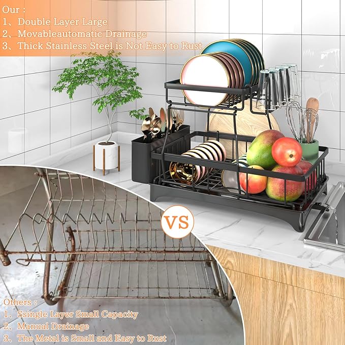 Godboat 2-Tier Dish Drying Rack - Dish Rack with Auto Drain-to-Sink & Mat | Dish Racks for Kitchen Counter, Dish Drainer with Knife Fork & Cup Rack, Gifts for Women, Mothers Day, Kitchen Gadgets, Black
