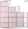 Kuject X-Large Shoe Storage Boxes Organizers Clear Plastic Stackable 12 Pack, Shoe Rack & Holder Substitute, Sneaker Containers, Toy Storage Organizer Bins for Entryway, Closet, Under Bed, Pink