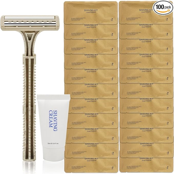 Disposable Shave Kit for Men &Women - 100 Pcs Wheat Straw Razors and Cream Bulk, Individually Wrapped Portable Toiletries Amenities for Hotel, Airbnb, Homeless, Shelter, Charity, Camping and Travel