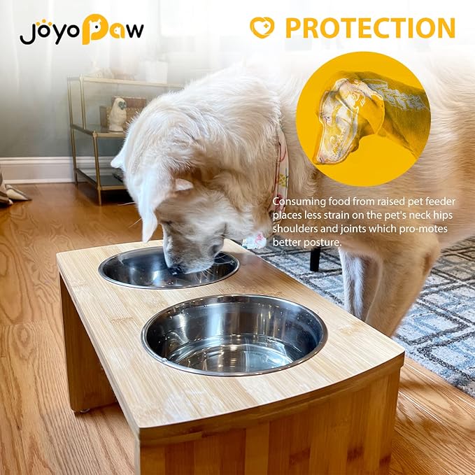 Elevated Dog Bowls, Bamboo Raised Dog Bowl for Large Dogs & Medium Dogs, with 2 Stainless Steel Bowls (10'' Tall–48 oz Bowl)