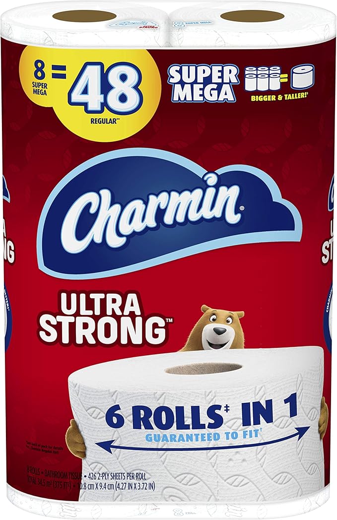 Charmin Ultra Strong 2-Ply Toilet Paper Mega Rolls, 4" x 4", White, 242 Sheets Per Roll, Pack of 8 Rolls