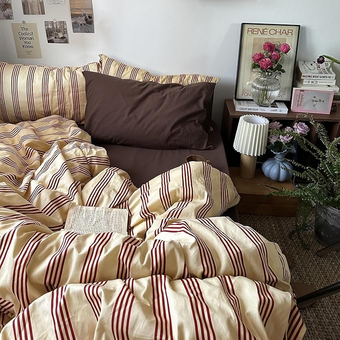 mixinni Retro Striped Duvet Cover Set California King - 100% Natural Cotton 3-Piece Vintage Red Stripes Pattern Printed Bedding Set, Soft Breathable Comforter Cover with Zipper Closure & Corner Ties
