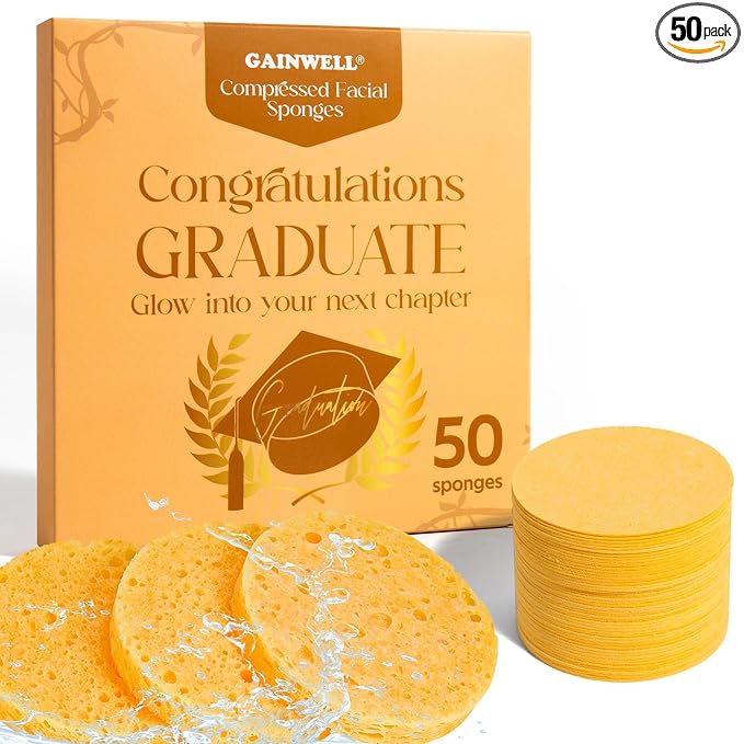 GAINWELL 2026 Graduation Gift for Her, 50-Count Compressed Facial Sponges, 100% Natural Cellulose Cosmetic Spa Sponge for Facial Cleansing, Exfoliating Mask Makeup Removal