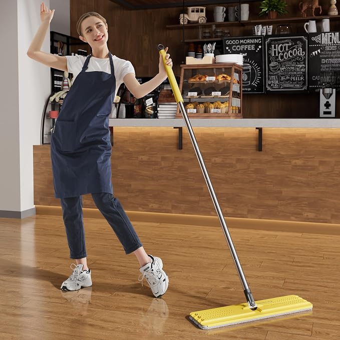 JOYMOOP Industrial Mop and Bucket Set, 17.7-inch Dust Mops for Floor Cleaning, Flat Mop Bucket with Wringer, Include 3 Reusable Microfiber Mop Pads - Yellow