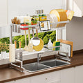 ADBIU Luxurious 304 Stainless Steel Over Sink Dish Drying Rack (Suitable for Sink Length 24.6"- 36.2") Snap-On Design 2 Tier Large Kitchen Dish Rack Stainless Steel Counter Organization and Storage