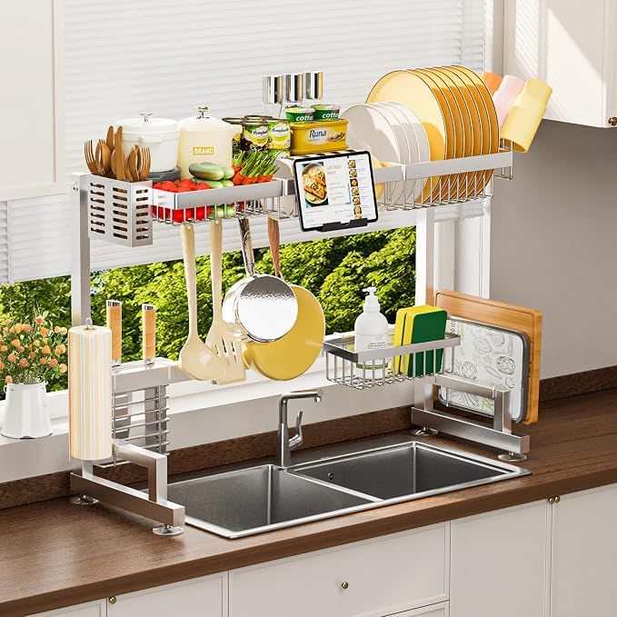 ADBIU Luxurious 304 Stainless Steel Over Sink Dish Drying Rack (Suitable for Sink Length 24.6"- 36.2") Snap-On Design 2 Tier Large Kitchen Dish Rack Stainless Steel Counter Organization and Storage