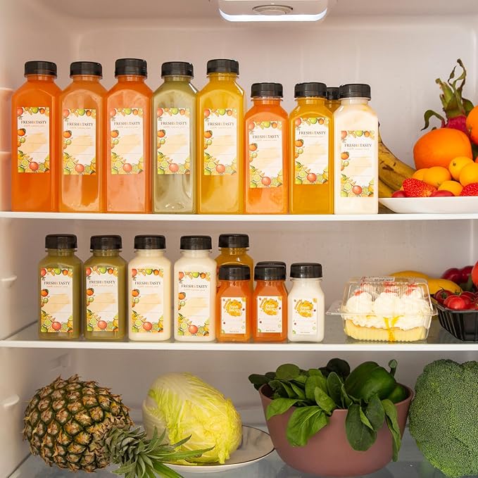 TOMNK 100pcs Plastic Bottles with Caps, 16oz Juice Bottles, with Caps with Black Caps,with Label, Funnel and Brush Beverage Containers for Juicing, Smoothies, Tea, Milk