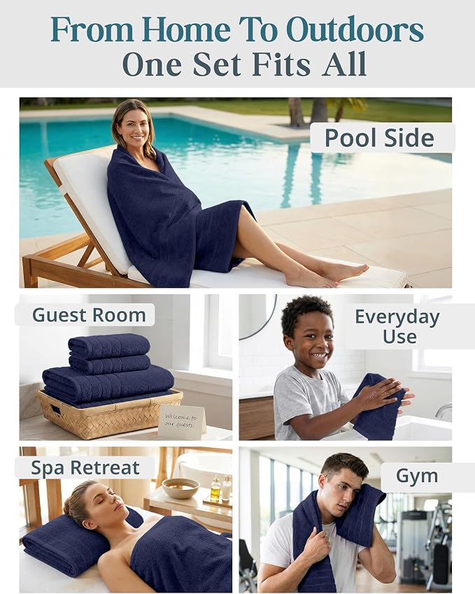 Casa Platino Towel Set for Bathroom Soft Absorbent Quick Dry - Navy | Bath Towel Sets For Bathroom - Dobby Border Accent, OEKO-TEX Certified, Ring-Spun Durability, Ring-Spun Cotton, Densely Woven