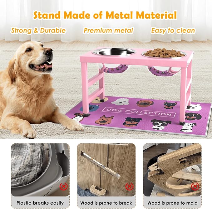 Raised Dog Bowl Stand 10 Inch Tall, Elevated Pet Feeder with 2 Stainless Steel Bowls (1700ml/58oz) & Anti-Spill Silicone Mat for Large Dogs, Stable Metal Frame Feeding Station, Pink