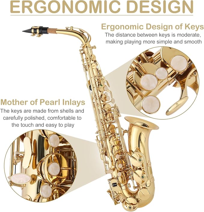 E Flat Alto Saxophone, Brass Sax with Carry Case, Golden | Saxophones Include Mouthpiece, Cleaning Brush, Cloth, Strap Accessories, For Beginner Student and Professional