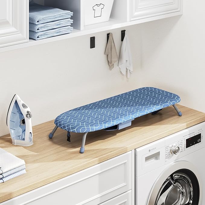 Kingboard Tabletop Ironing Board with Iron Holder, Small Iron Board with Heat Resistant Covers, Portable Mini Ironing Board with Non-Slip Feet for Home Travel, 12 * 32 Blue