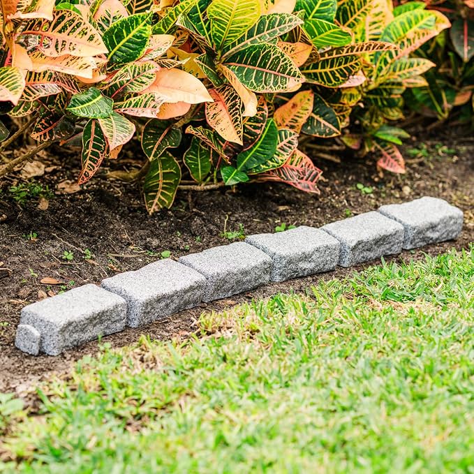Landscape Edging | Garden Edging Border | Polyrock Bricks for Lawn Edging, Flower beds, Pathways & Yard Edging– 4 Packs | Each Section Has 6 Bricks 48" L x 4" W x 2.25" H | 12 Spikes |Greystone