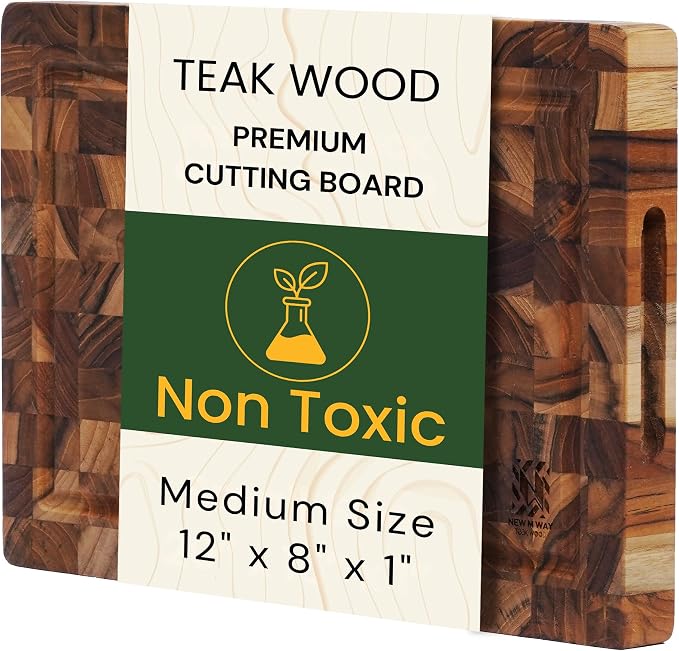 Premium End Grain Teak Cutting Board 12" x 8" x 1" with Handle & Juice Groove, Medium Thick Solid Non-toxic Wood Butcher Block for Meat, Fruit, Cheese & Kitchen Prep by New M Way