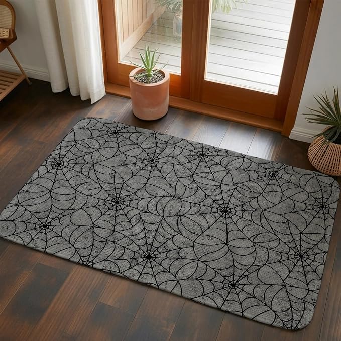 Small Door Mat Indoor Outdoor 15.7"x23.6", Grey Halloween Absorbent Non Slip Entry Rug, Black Spiders Net Classic Gingham Low Profile Welcome Mat for Front/Side Door Apartment Entrance Bathroom