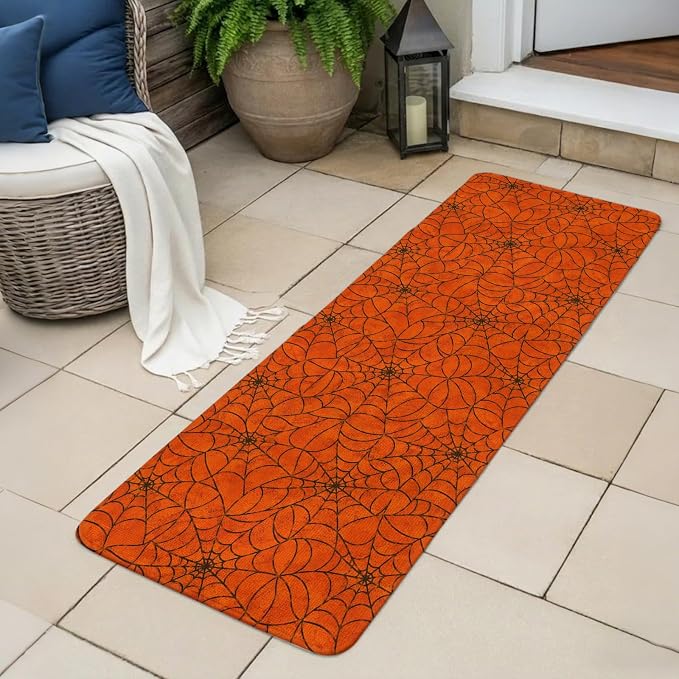 Large Entryway Rug 31.5"x63", Orange Halloween Absorbent Non Slip Indoor Outdoor Floor Mat, Black Spiders Net Classic Gingham Low Profile Area Rug for Front Entrance Mudroom Patio Garage Double Door