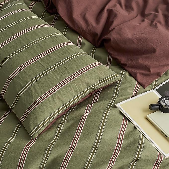 mixinni Vintage Olive Green Striped Duvet Cover Set King, 100% Cotton Yarn-Dyed Jacquard Bedding 3 Pieces, Reversible Design Retro Terracotta Comforter Cover with Zipper & Corner Ties