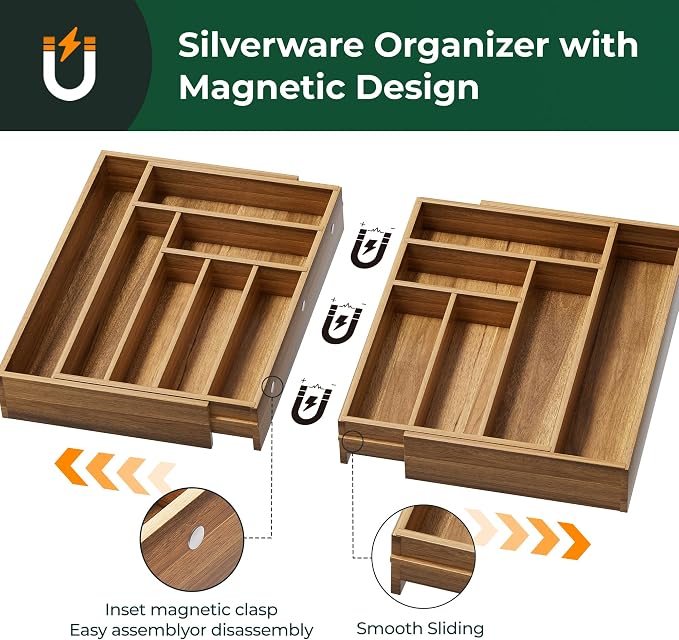 Large Silverware Organizer, 13 Slots Magnetic Connected Expandable Acacia Wood Utensil Drawer Organizer From 21 to 37.4 Inches, Adjustable Flatware and Cutlery Holder, Utensil Tray for Kitchen Natural