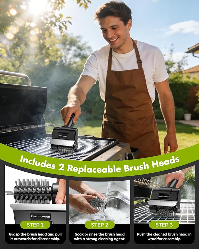 YIGUCordless Electric BBQ Grill Cleaner – Rechargeable Electric BBQ Brush, 1500 RPM, 100-minute runtime, Comes with 1 Removable Replacement Brush Head, Suitable for Outdoor BBQ Grills.