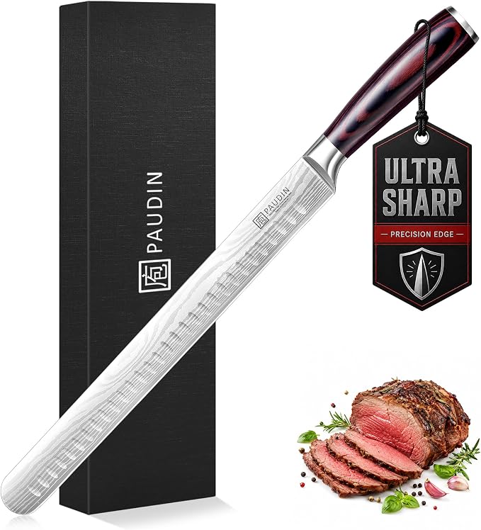 PAUDIN Brisket Knife, 12 Inch Carving Knife Stainless Steel Brisket Slicing Knifes with Granton Edge for Meat Cutting, Roasts, BBQ, Turkey - Grilling Gifts for Men