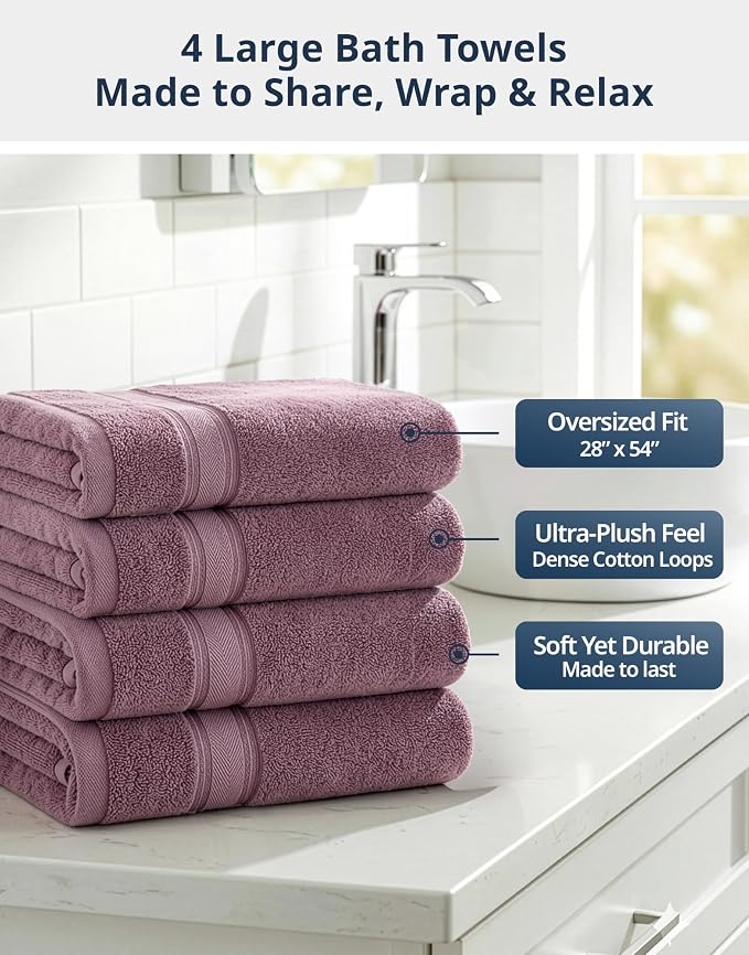 LANE LINEN 100% Cotton Large Bath Towels Set of 4 (28"x54") - Zero Twist, Mercerized Cotton Bathroom Towel 4 Pack - Quick Dry, Soft & Absorbent Large Towels Set - Oeko Tex Certified - Wishful Mauve | Pack Of Towels - Dobby Border Accent, OEKO-TEX Certi...