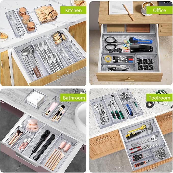 Neudeco Silverware Drawer Organizer, Pack 5, Silver | Utensil Organizer, For Large Utensils, Interlocking Arm, Cutlery Tray for Knives Fork Spoon