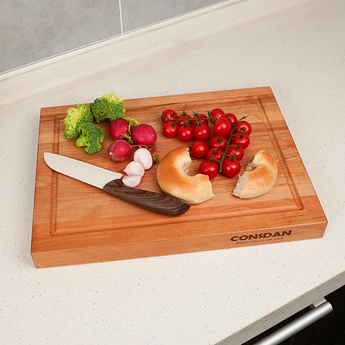 Solid Cherry Wood Cutting Board for Kitchen, USA Grown Hardwood, 16 x 12, with Invisible Inner Handle, Prefinished with Food-Grade Oil, Suitable for Kitchen Edge Grain, 1" Thick