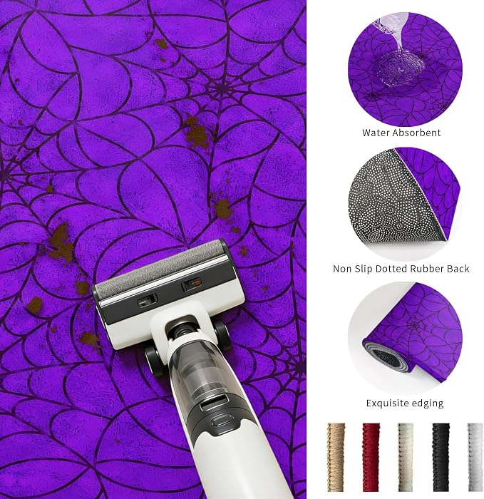 Area Rug 3'x5', Purple Halloween Washable Large Area Rugs for Kitchen Bedroom Laundry Bathroom Office, Black Spiders Net Classic Gingham Non Slip Door Mat Indoor Entryway Floor Accent Throw Carpet