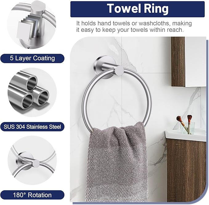 Brushed Nickel Bathroom Hardware Set, 4-Piece Towel Holder Set Include Double Bases Toilet Paper Holder,Towel Ring and 2 Towel Hooks Stainless Steel Wall Mounted Bathroom Hardware Accessories Set