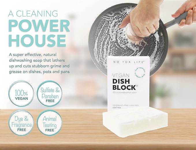 NO TOX LIFE Vegan Dish Block, 6 oz – A Solid Dish Soap for Effective Cleaning of Dishes, Pots and Pans – Ultra-Concentrated Biodegradable Formula – Fragrance and Dye Free – 4 Pack