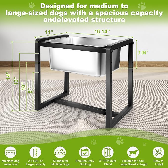 Adjustable Height Elevated Large Dog Water Bowls with Stainless Steel Bowls and Metal Stand，4-Level (8/10/12/14 Inches) Pet Bowl for Dogs for Large Medium Dogs - Durable, Easy to Clean (2gallon)