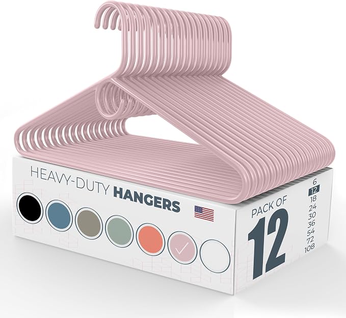 Heavy Duty Clothes Hangers 12 Pack – Made in the USA – 8lb Capacity Plastic Hangers for Adult Clothing – Durable for Pants, Coats, Jackets, or Jeans – Pink