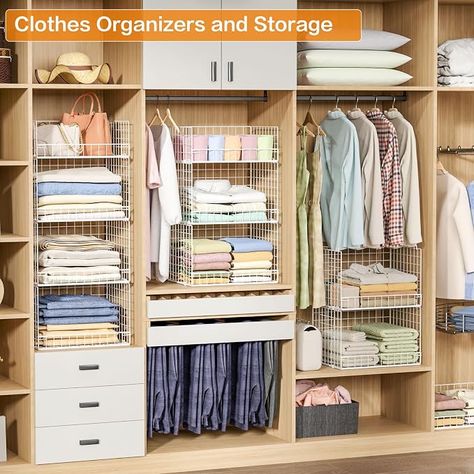 Yociyoga 4 Tier Stackable Closet Organizers and Storage Shelves, Foldable Closet Shelf Organizer System, Stackable Storage Bins Drawers for Clothes Organizer System, White（Patent No. 30022416）