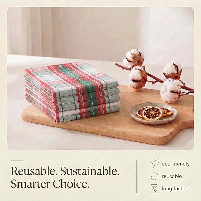 Urban Villa Christmas Kitchen Towels 100% Cotton Dish Towels for Kitchen (Set of 6) 20”x30” Dish Cloths Absorbent Kitchen Linen Set with Hanging Loop Perfect for Drying Dishes Cleaning – Christ Check
