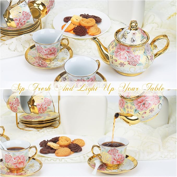 20 Pcs Porcelain Tea Set with Metal Holder and Spoon, European Ceramic Tea Set for Adults, European Flower Painting Teapot Cup Saucer Spoon Set for 6, Gift Pack (Pink and Gold)
