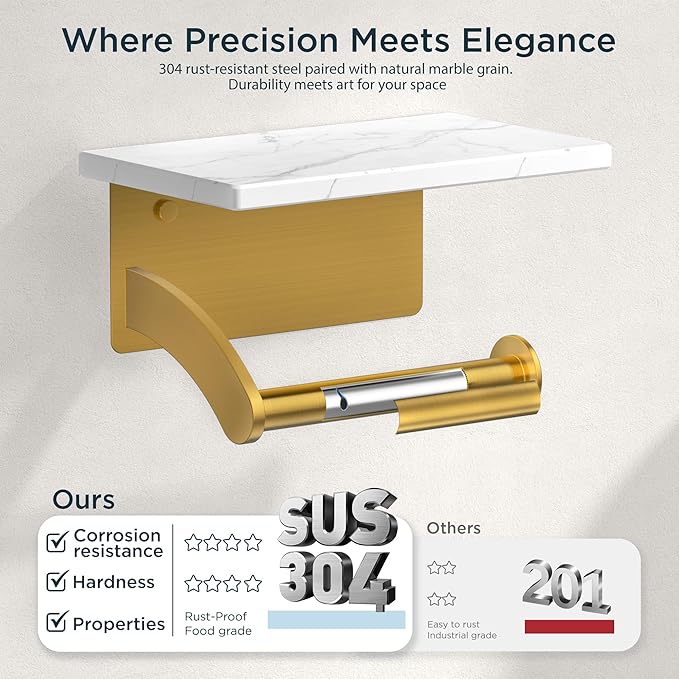 FORIOUS Toilet Paper Holder with Phone Shelf, Natural Marble Wall Mount Tissue Roll Holder for Bathroom, Washroom, 304 Stainless Steel Commercial Toilet Tissue Dispensers with Shelf, Brushed Gold