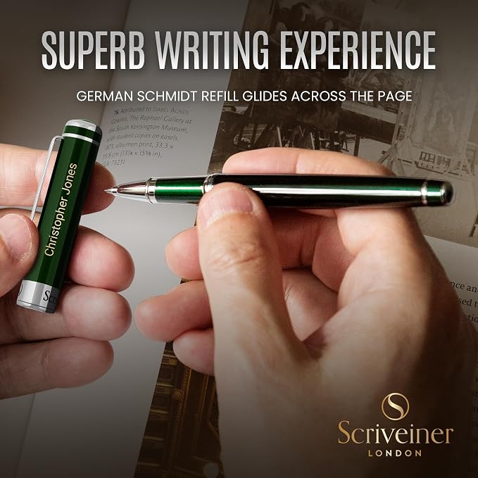 Scriveiner Personalized British Racing Green Rollerball Pen - Stunning Green Lacquer Luxury Pen with Chrome Finish, Schmidt Ink Refill, Engraved Roller Ball Gift Set for Men & Women, Custom Engraving