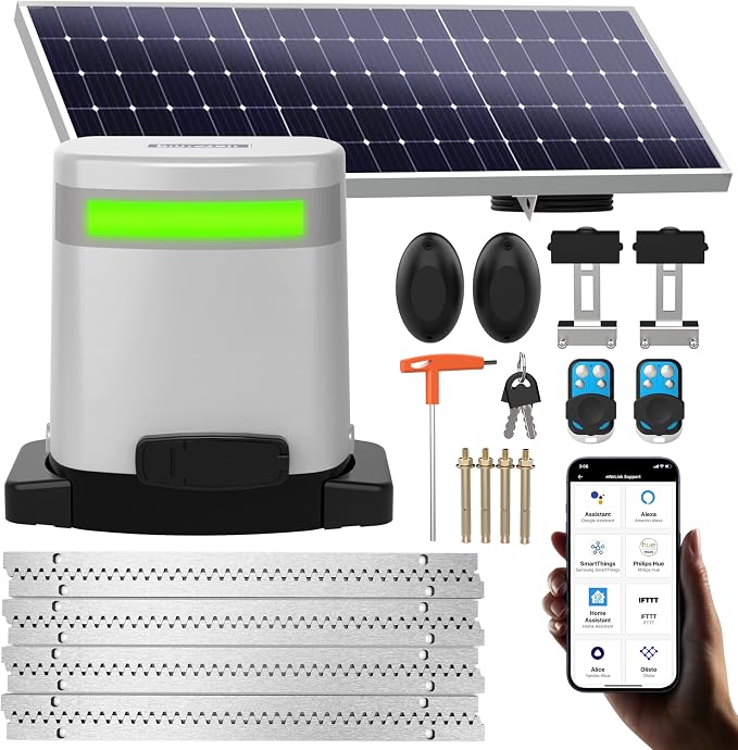 Blütezeit 1400lb Sliding Gate Opener, Solar Power | WiFi Control | Built-in Battery Backup, Rack Driven Automatic Slide Gate Motor with Remote Complete Kits (25W Solar Panel & Racks Incl.)