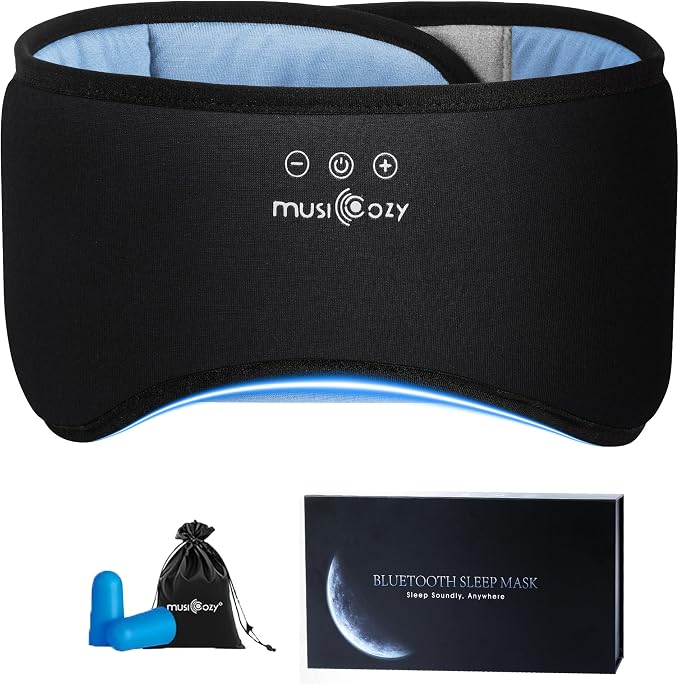 MUSICOZY Sleep Mask with Bluetooth Headphones, Bamboo Cotton Extended Sleep Headphones for Side Sleepers, Bluetooth Eye Mask for Sleeping, Wireless Earphones with HD Stereo Speakers (Classic Black)