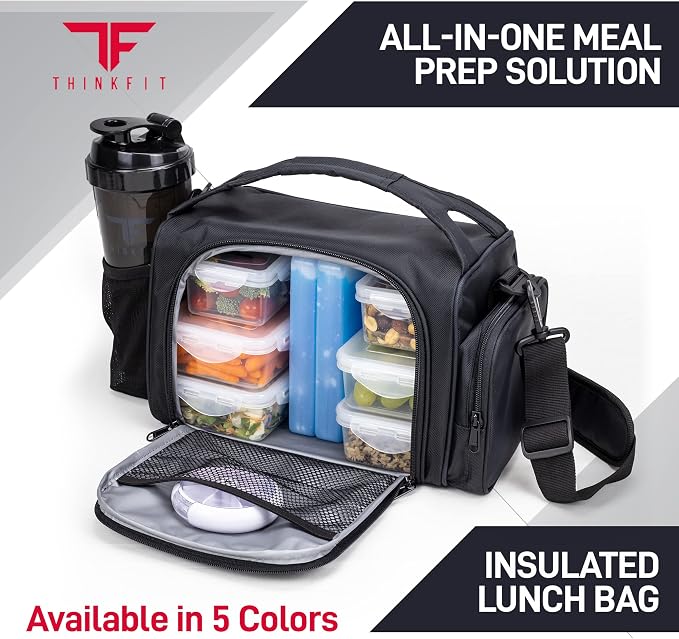 ThinkFit Insulated Meal Prep Lunch Box with 6 BPA-Free, Reusable, Microwavable, Freezer Safe Food Portion-Control Containers, Shaker Cup, Pill Organizer, Lunch Bag with Storage Pocket - (Black)