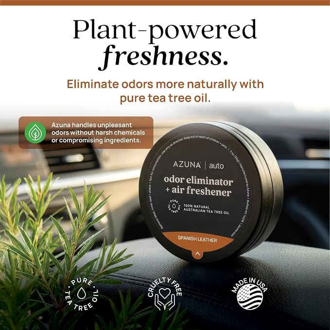 Azuna Car Air Freshener & Auto Odor Eliminator Pods Trio | Spanish Leather | Plant Powered by 100% Australian Tea Tree Oil | Long Lasting and No harsh chemicals | Made in USA | 3 Pack of 2oz Pods